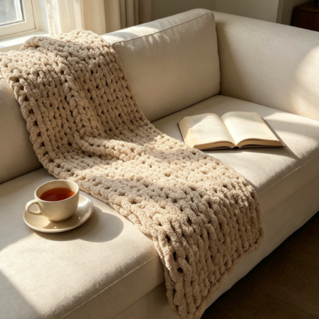 Woven Chunky Chenille Throw, 40"x40", Tan - Handmade Soft Breathable Fleece, Cosy for Couch, Bed or Sofa, Gift Idea