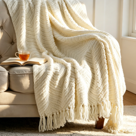 Woven Chenille Chunky Knit Throw, Cream Ivory, 50"x60" - Textured Soft Warm, Boho Style with Tassels, for Couch, Bed, Sofa or Living Room