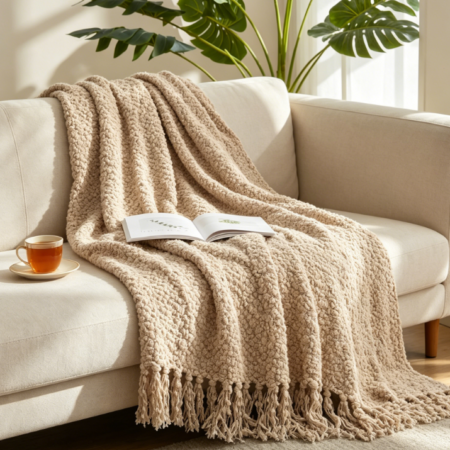 Woven Textured Mulberry Throw, Beige, 50"x60" - Handmade with Tassels, Chunky Soft Fluffy Knit, for Couch, Sofa or Bed