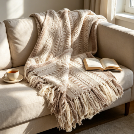 Woven Braided Striped Throw, Stone, 50"x60" - Decorative for Sofa or Couch